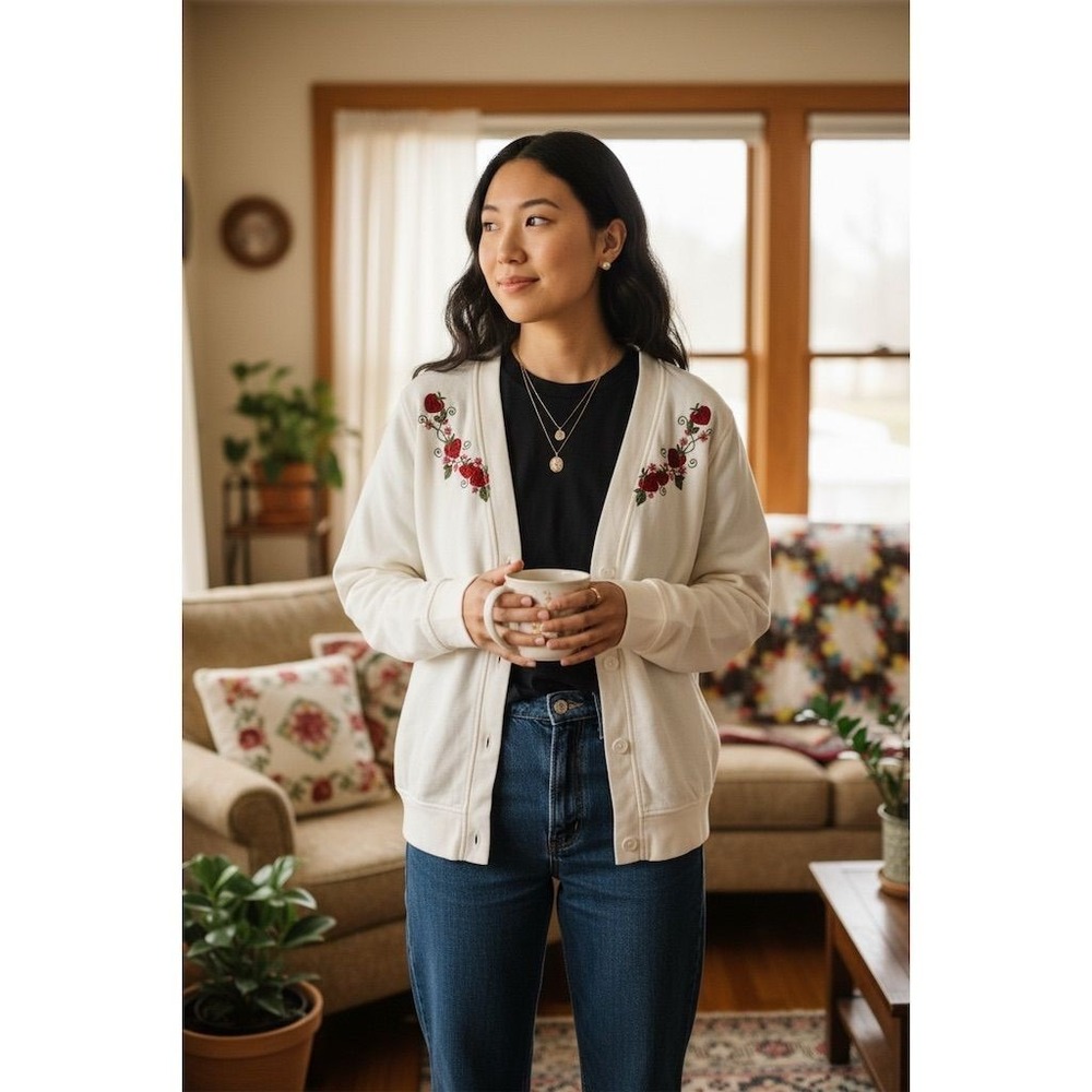 Strawberries motif Women's S Embroidered Floral Cardigan Sweater grandmacore